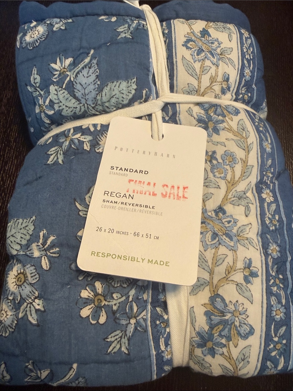 Pottery Barn Regan Blue Floral Reversible Standard Sham 26” x 20”